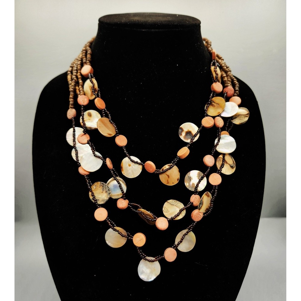 Boho Multi-Strand Layered Necklace Adjustable Shell Wood Bead Peach Disc